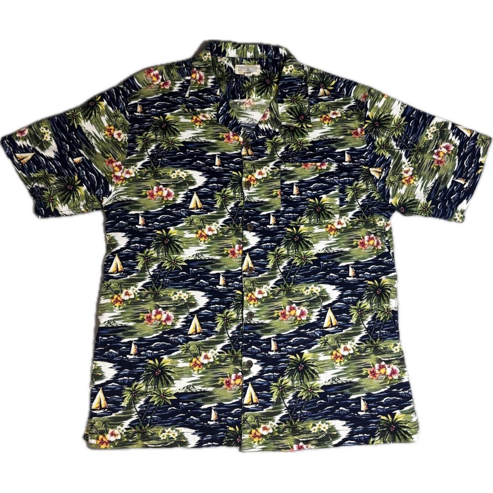 Ocean & Coast Mens XL Tropical Hawaiian Shirt Sailboat Palm‎ Tree Hibiscus Green